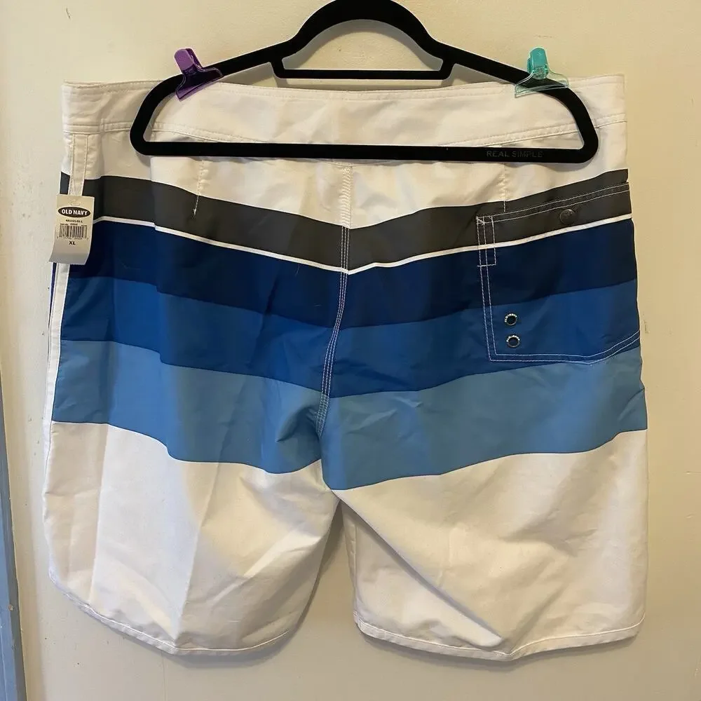 New Old Navy Men’s Swim Trunks XL White Blue Striped Beach Nautical Y2K 2007
